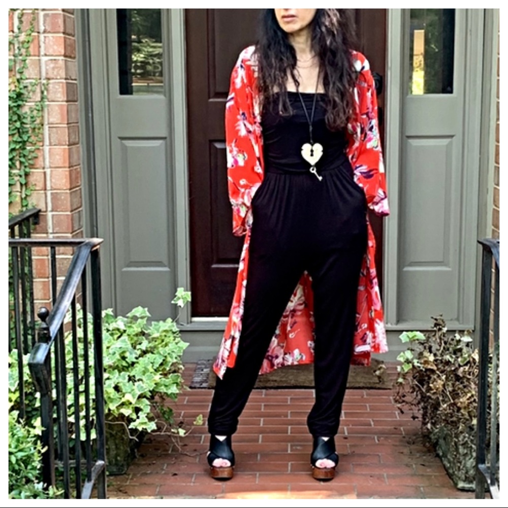 ✨LAST ONE✨Boho red floral side slits kimono jacket - Picture 2 of 8